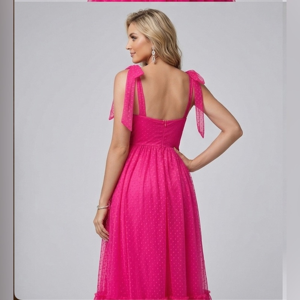 Hot Pink Swiss Dot Tulle Midi Dress with Tie-Shoulder Straps - Picture 5 of 10